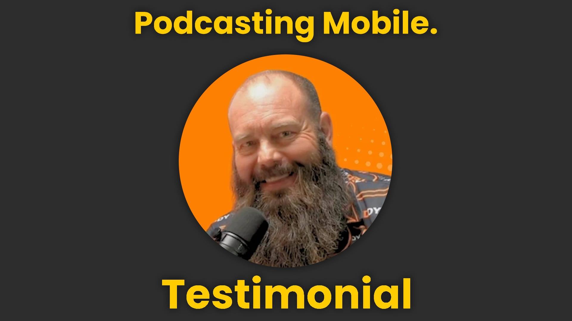 Teddy Hodges, host of Teddy Talks, smiling at a podcast mic on a Podcasting Mobile testimonial card